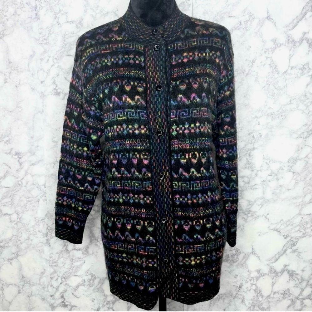 ⭐️ Country Shop 80s WOOL MOHAIR Intarsia Knit Button Up Cardigan Sweater Unisex - Picture 2 of 10